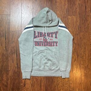 Vintage champion liberty university flames striped sleeve pullover hoodie